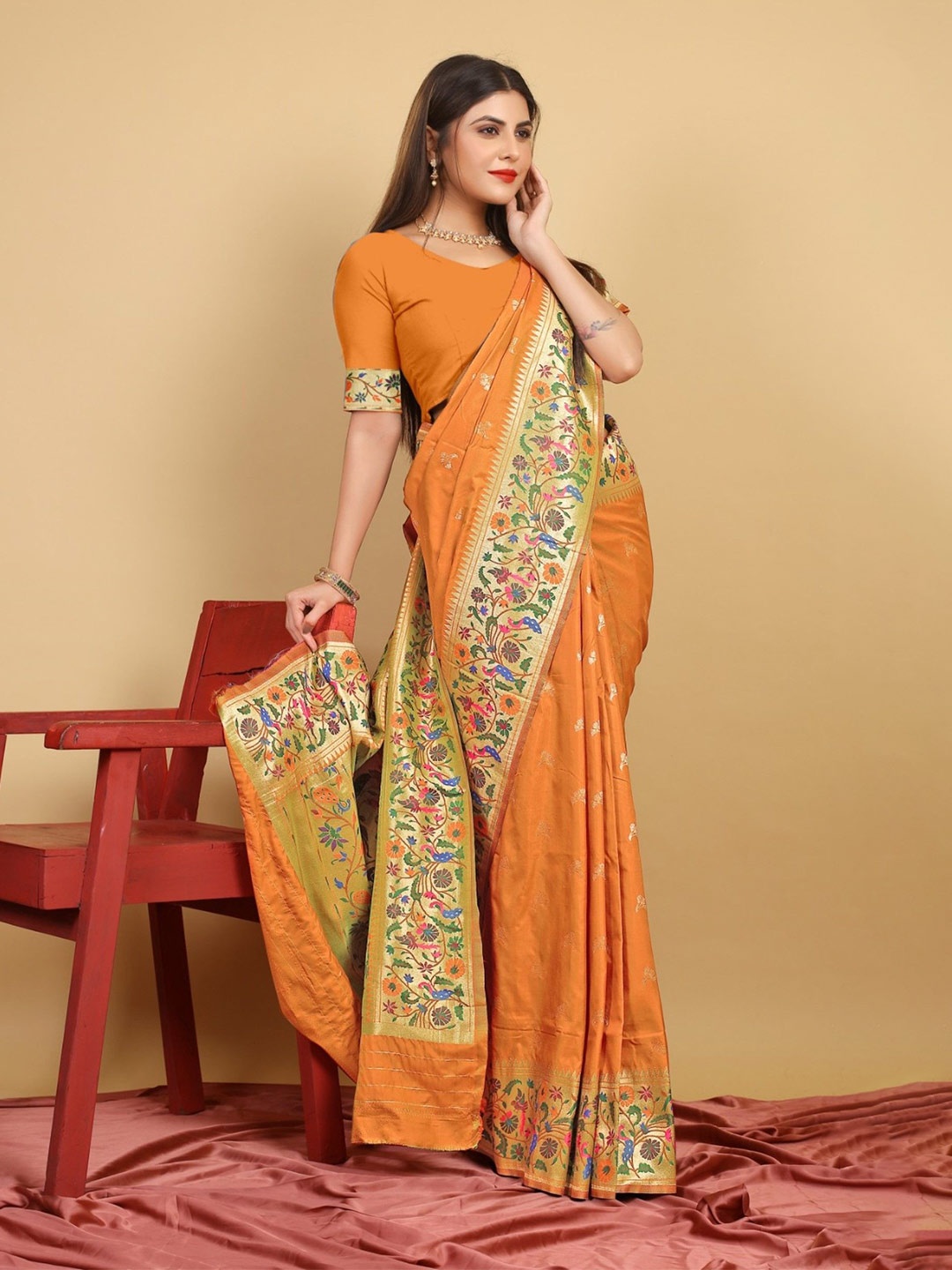 

LeeliPeeri Designer Woven Design Zari Silk Blend Paithani Saree, Orange