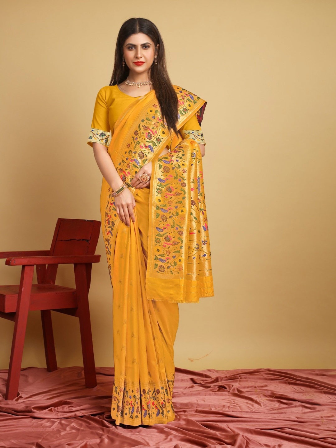 

LeeliPeeri Designer Woven Design Zari Silk Blend Paithani Saree, Yellow