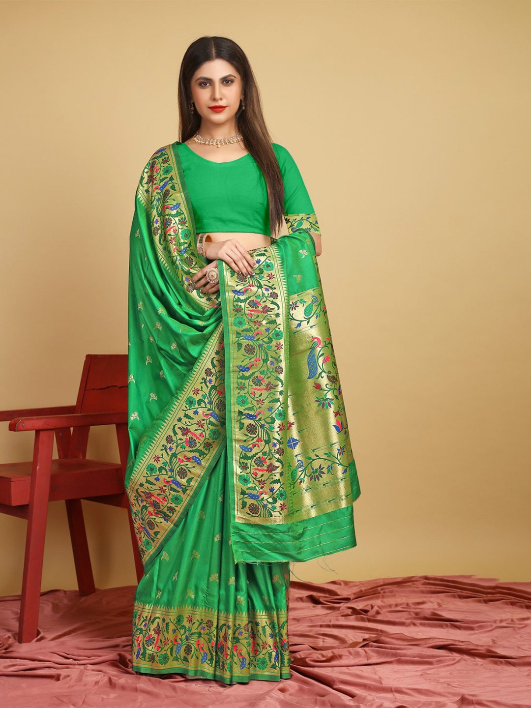 

LeeliPeeri Designer Woven Design Zari Silk Blend Paithani Saree, Green