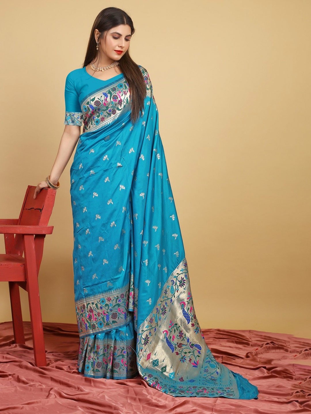 

LeeliPeeri Designer Woven Design Zari Silk Blend Paithani Saree, Blue