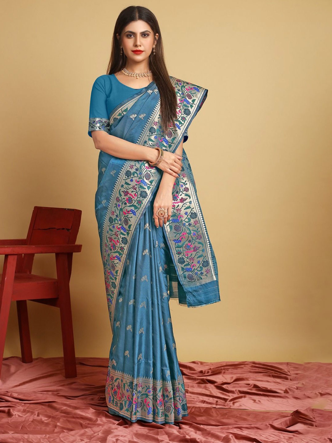 

LeeliPeeri Designer Woven Design Zari Silk Blend Paithani Saree, Teal