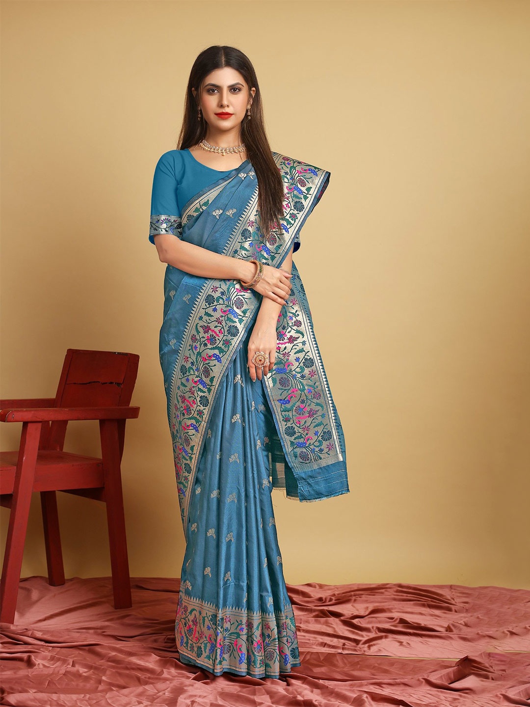 

LeeliPeeri Designer Woven Design Zari Silk Blend Paithani Saree, Teal