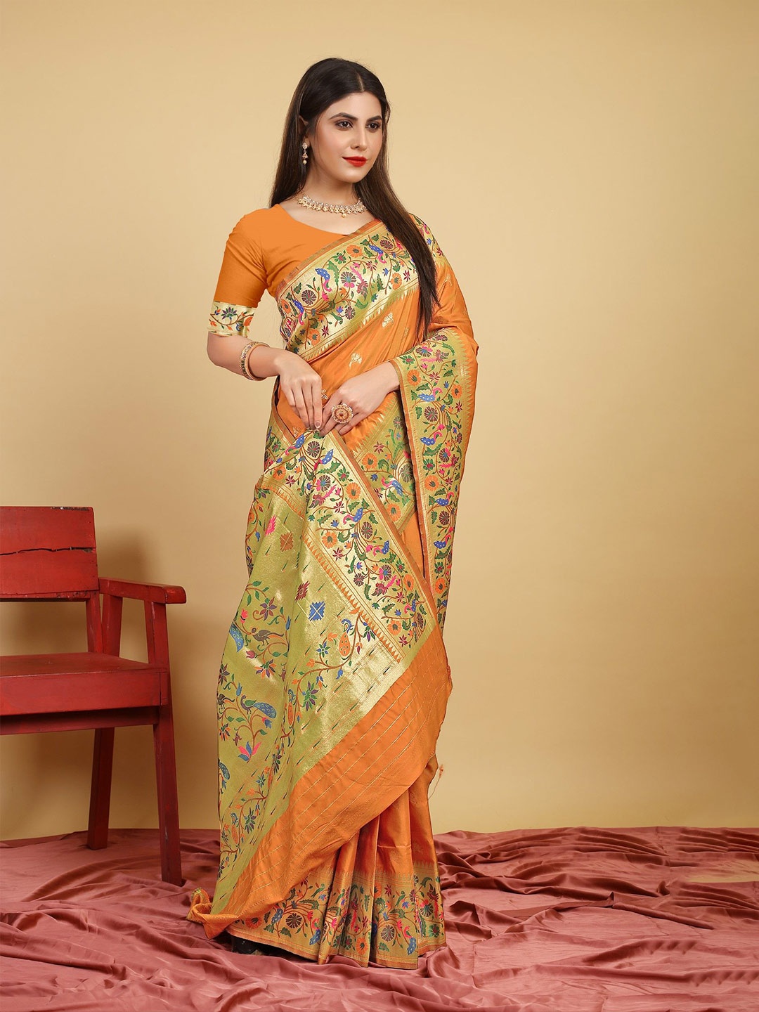 

LeeliPeeri Designer Woven Design Zari Silk Blend Paithani Saree, Orange