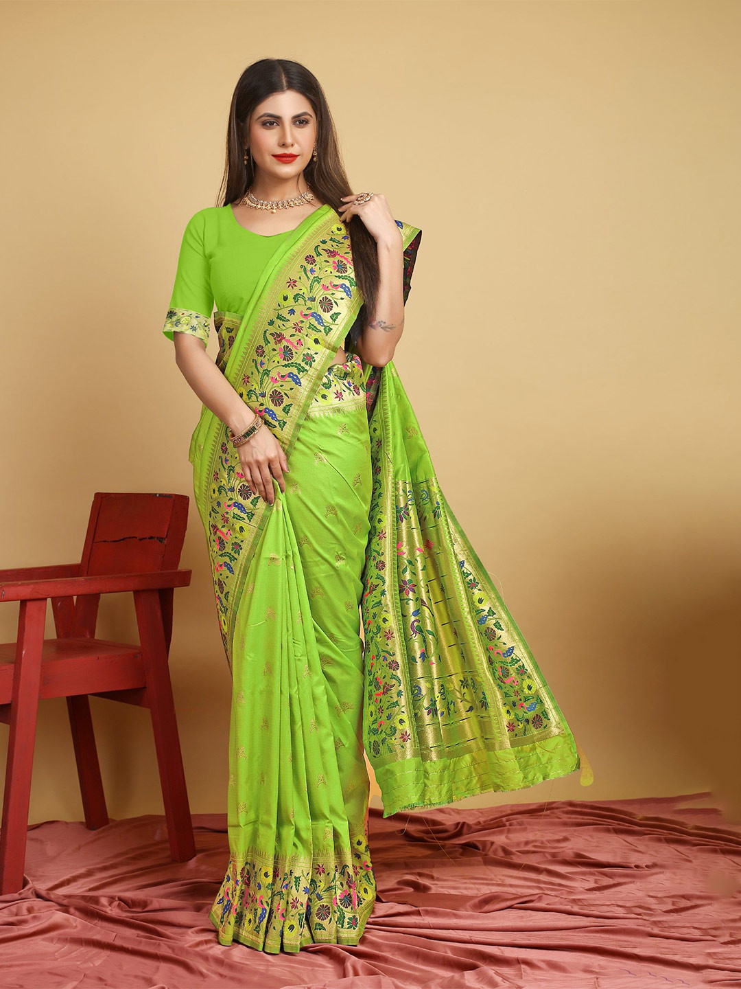 

LeeliPeeri Designer Woven Design Zari Silk Blend Paithani Saree, Lime green
