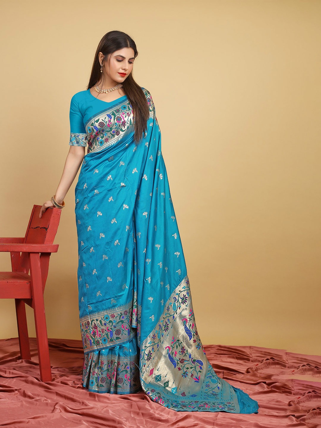 

LeeliPeeri Designer Woven Design Zari Silk Blend Paithani Saree, Blue