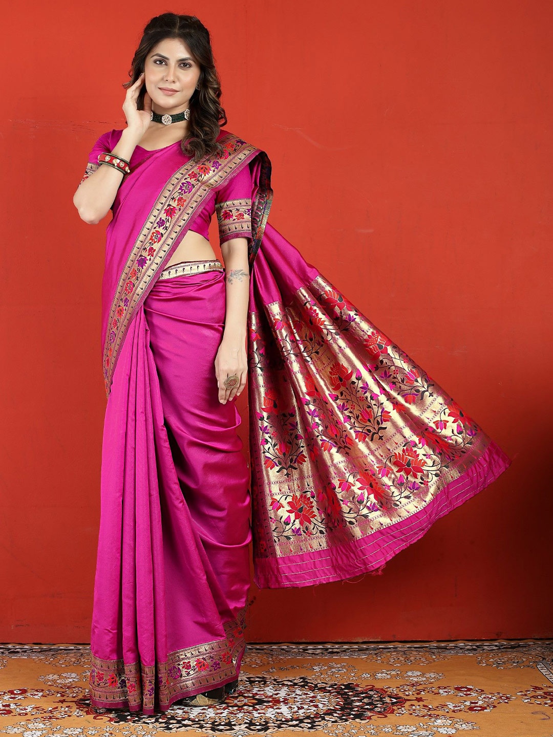 

LeeliPeeri Designer Woven Design Zari Silk Blend Paithani Saree, Pink