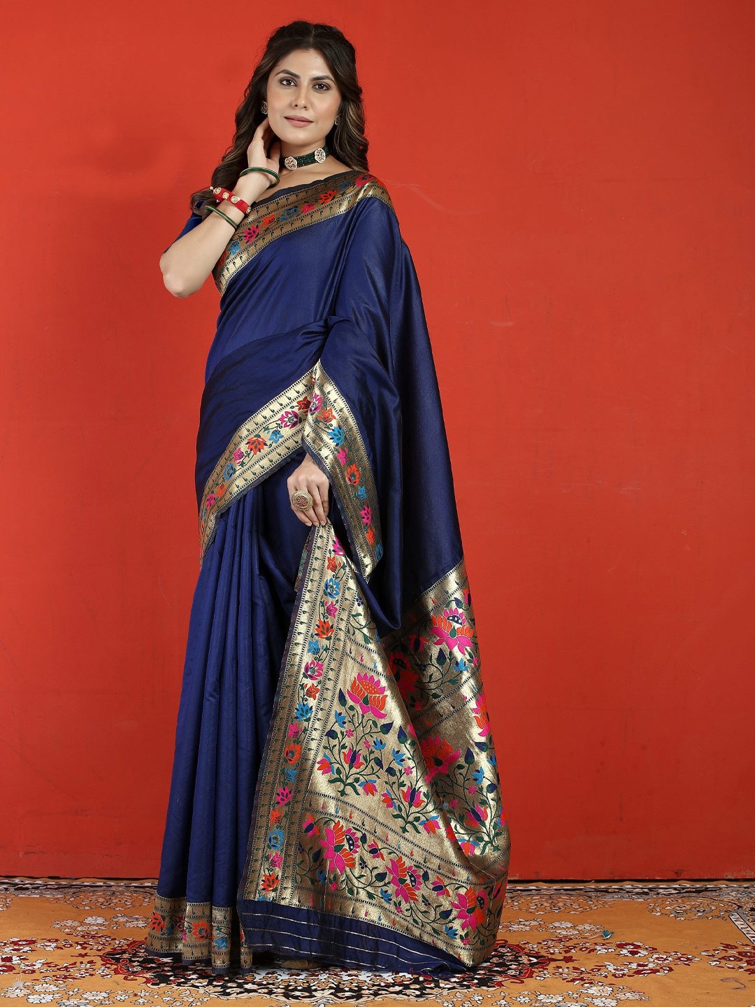 

LeeliPeeri Designer Woven Design Zari Silk Blend Paithani Saree, Navy blue