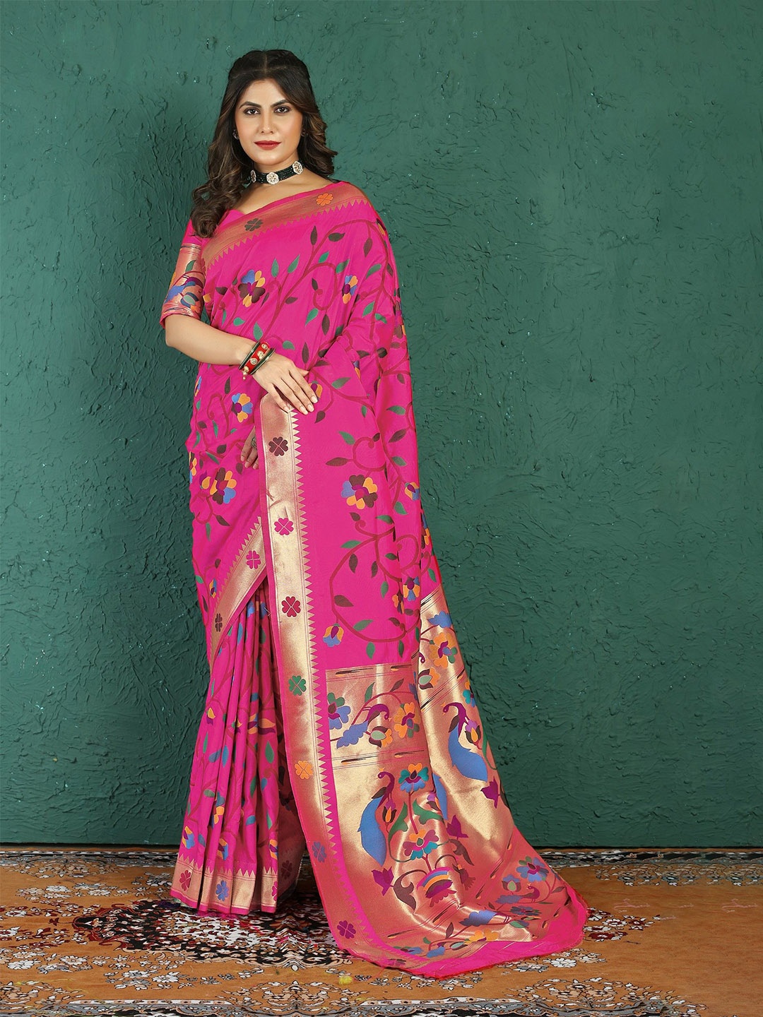 

LeeliPeeri Designer Floral Zari Silk Blend Paithani Saree, Pink
