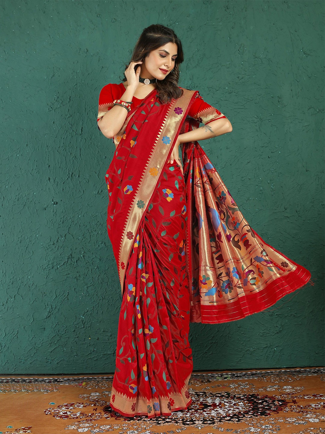 

LeeliPeeri Designer Woven Design Zari Silk Blend Paithani Saree, Red