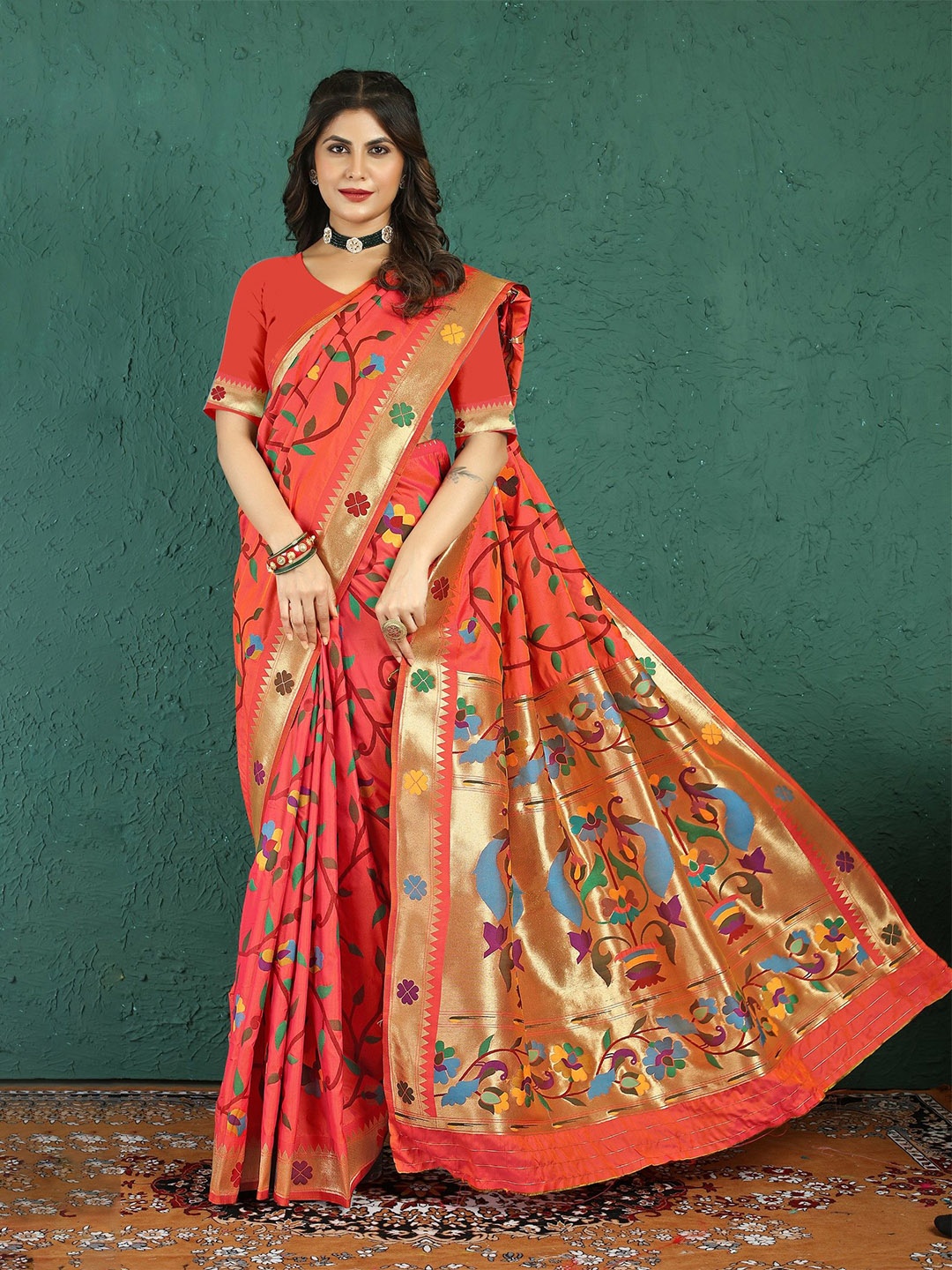 

LeeliPeeri Designer Woven Design Zari Silk Blend Paithani Saree, Orange