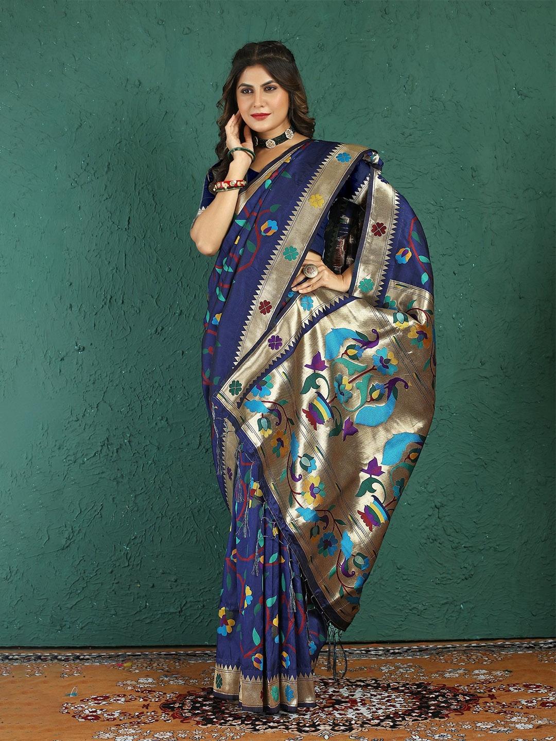 

LeeliPeeri Designer Woven Design Zari Silk Blend Paithani Saree, Navy blue