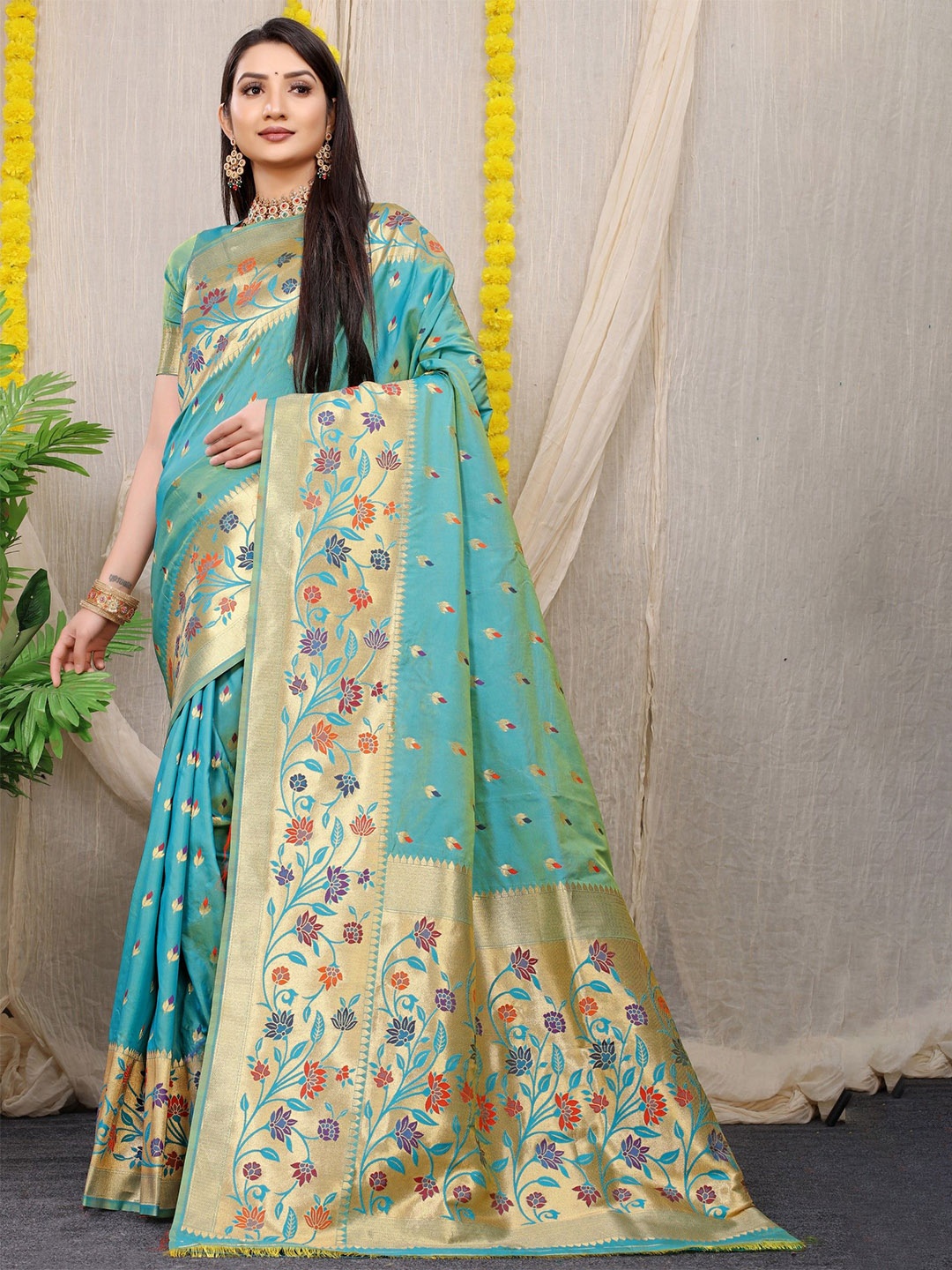 

LeeliPeeri Designer Woven Design Zari Silk Blend Paithani Saree, Blue
