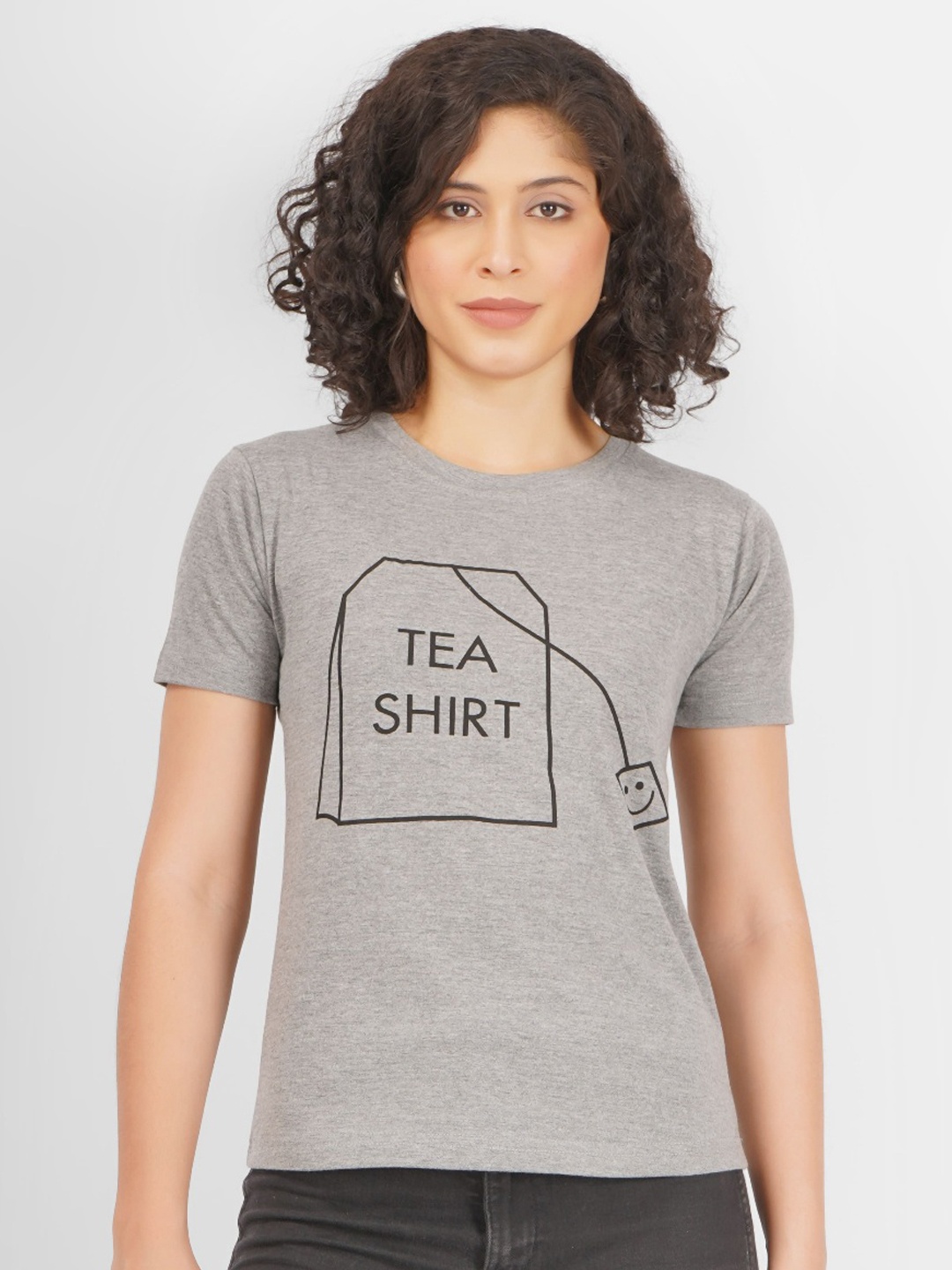 MIMID Women Typography Printed Round Neck Pure Cotton T-shirt, Grey