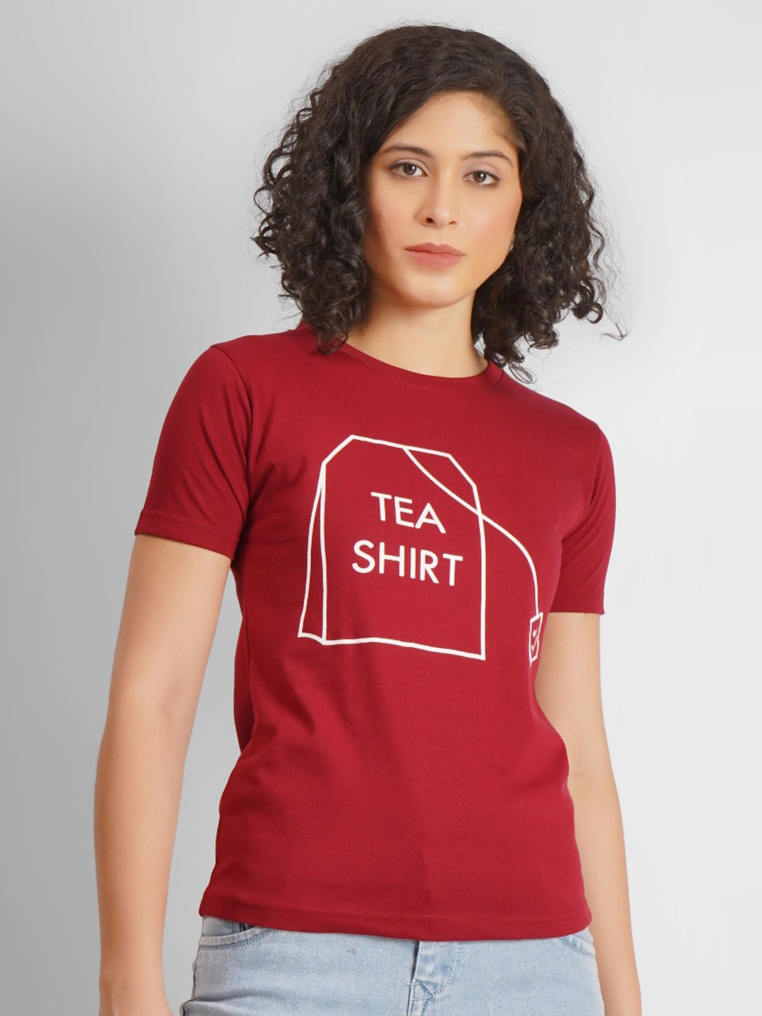 

MIMID Women Typography Printed Round Neck Pure Cotton T-shirt, Red