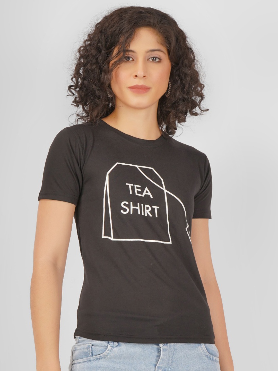 

MIMID Women Typography Printed Round Neck Pure Cotton T-shirt, Black