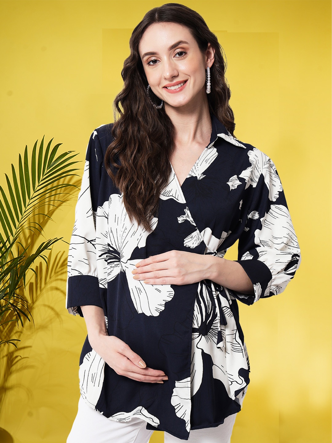 

angloindu Floral Print Wrap Crop Top, Navy blue