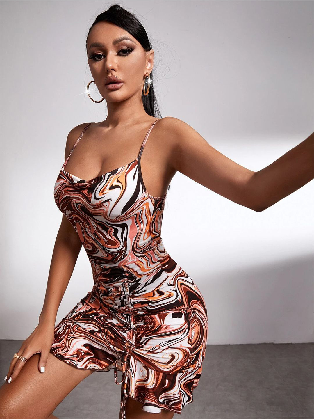 

TANDUL Printed Gadhered Bodycon Mini Dress, Orange