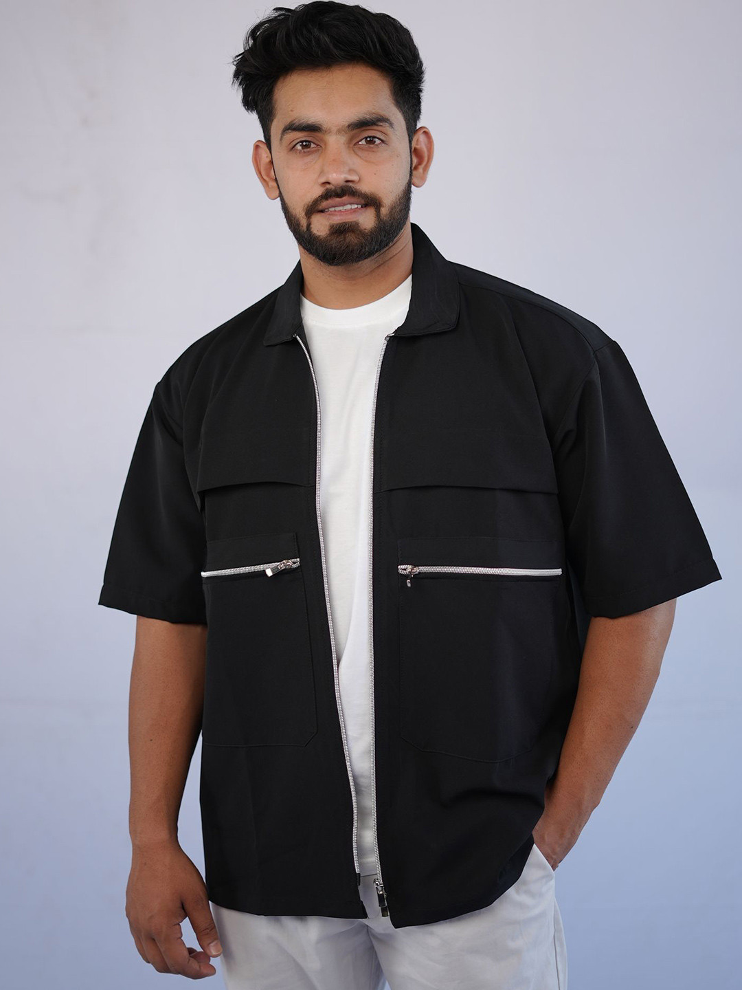 

Bofrike Men Premium Spread Collar Solid Polyester Oversized Casual Shirt, Black