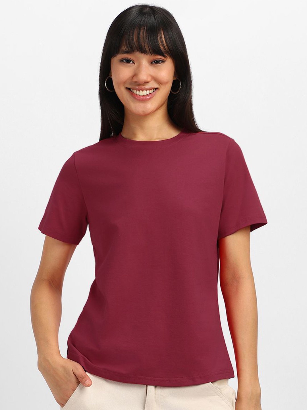 

JUNEBERRY Women Solid Round Neck Cotton Tshirt, Magenta