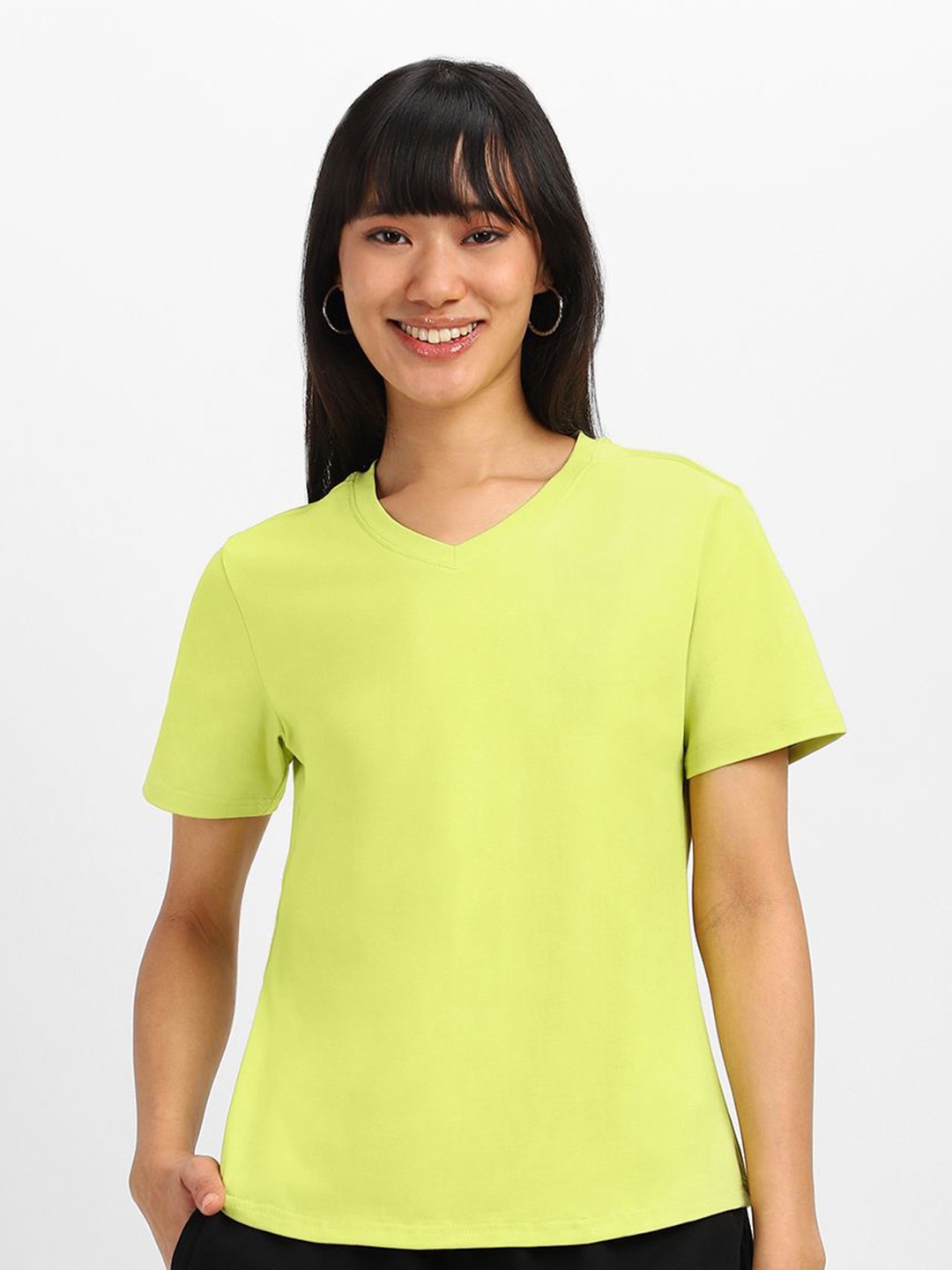 

JUNEBERRY Women Solid V-Neck Cotton Tshirt, Lime green