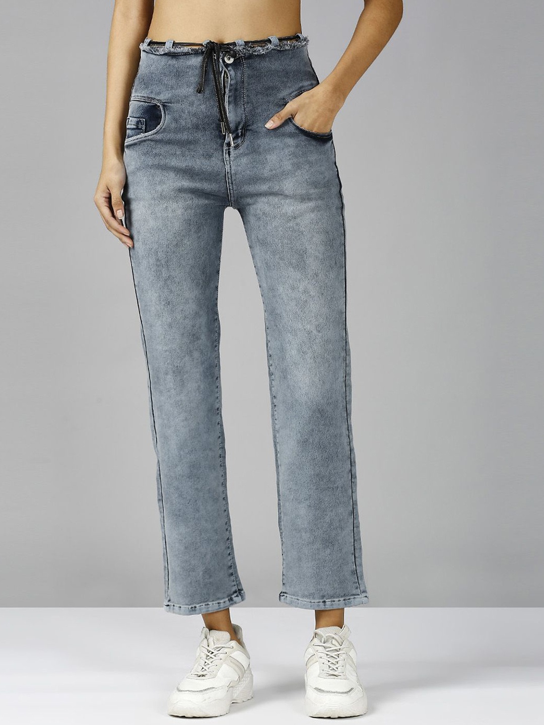 

Blum Denim Women Straight Fit High-Rise Heavy Fade Stretchable Jeans, Grey