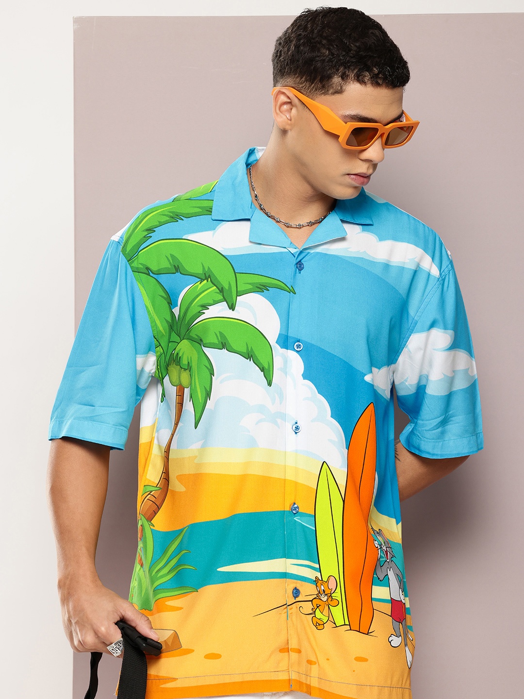 

Kook N Keech Men Relaxed Tom & Jerry Printed Cuban Collar Casual Shirt, Blue