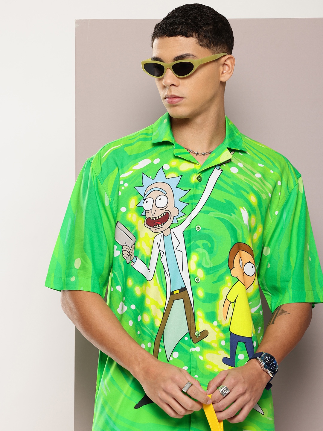 

Kook N Keech Men Relaxed Rick and Morty Printed Cuban Collar Casual Shirt, Green