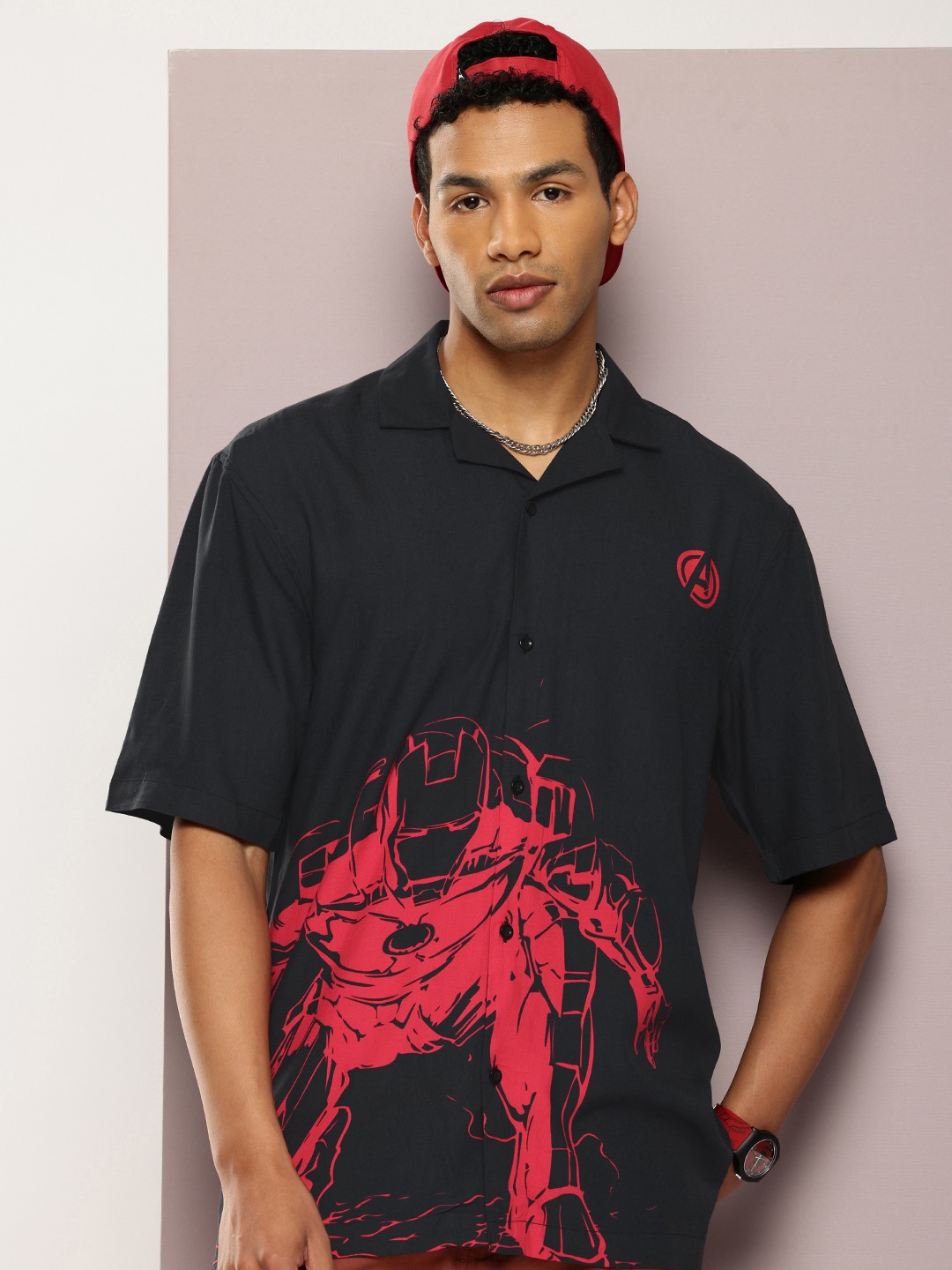 

Kook N Keech Men Relaxed Iron Man Printed Cuban Collar Casual Shirt, Black