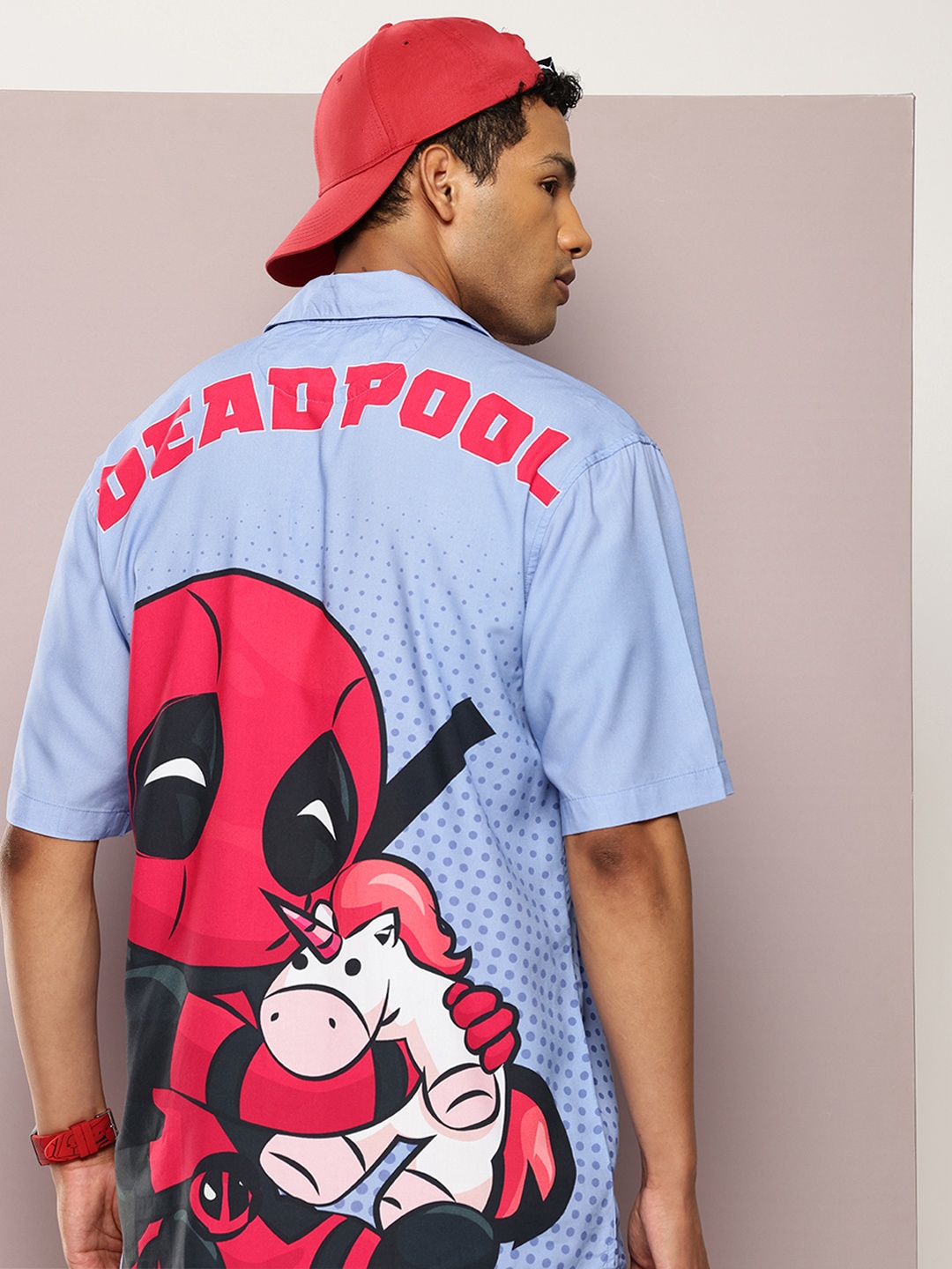 

Kook N Keech Men Relaxed Deadpool Printed Cuban Collar Casual Shirt, Blue