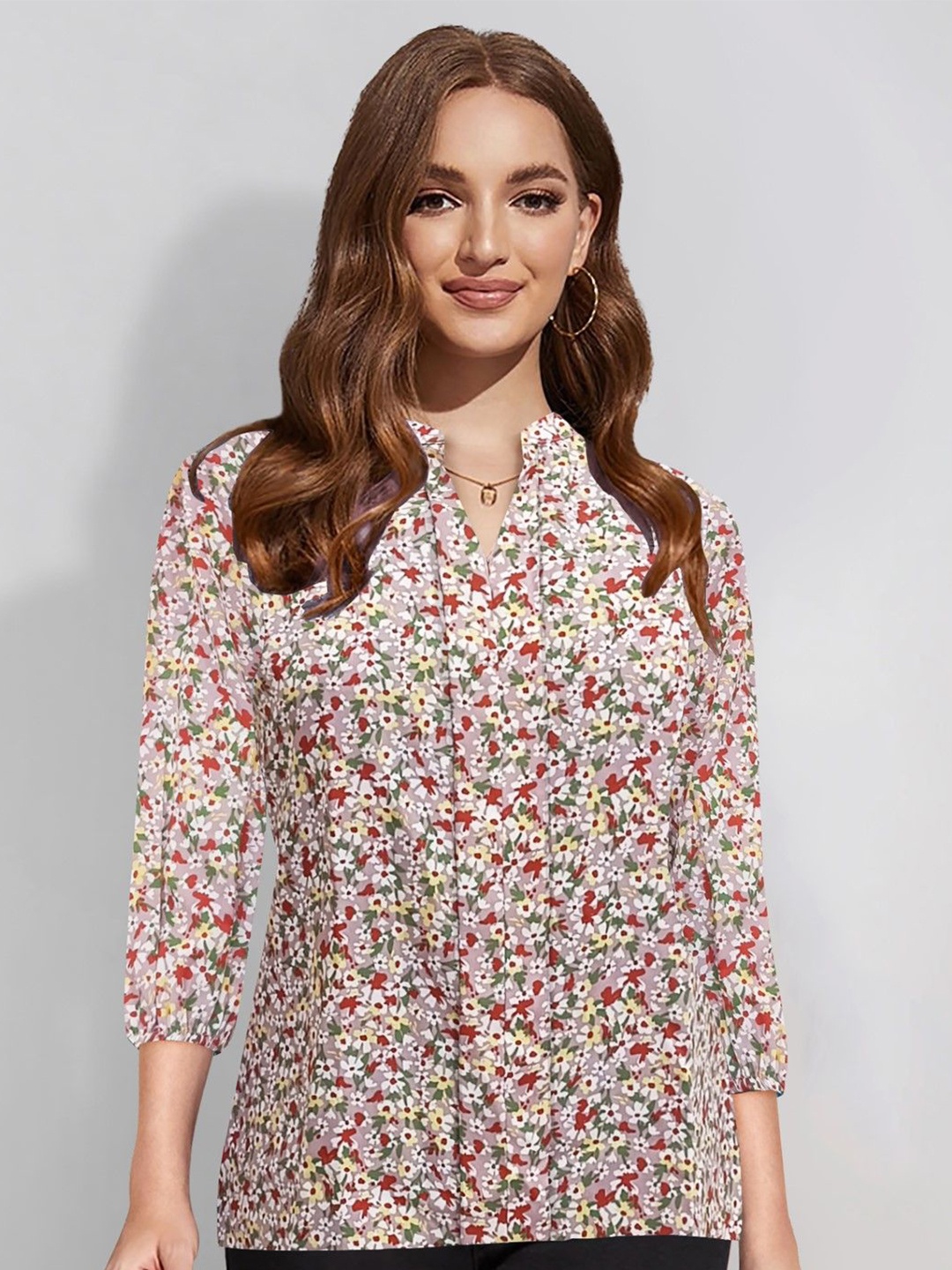 

BAESD Women Floral Printed Mandarin Collar Cotton Top, Pink
