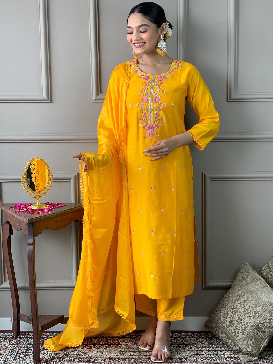 

Storebrite Floral Embroidered Thread Work Chanderi Silk Kurta with Trousers & Dupatta, Yellow