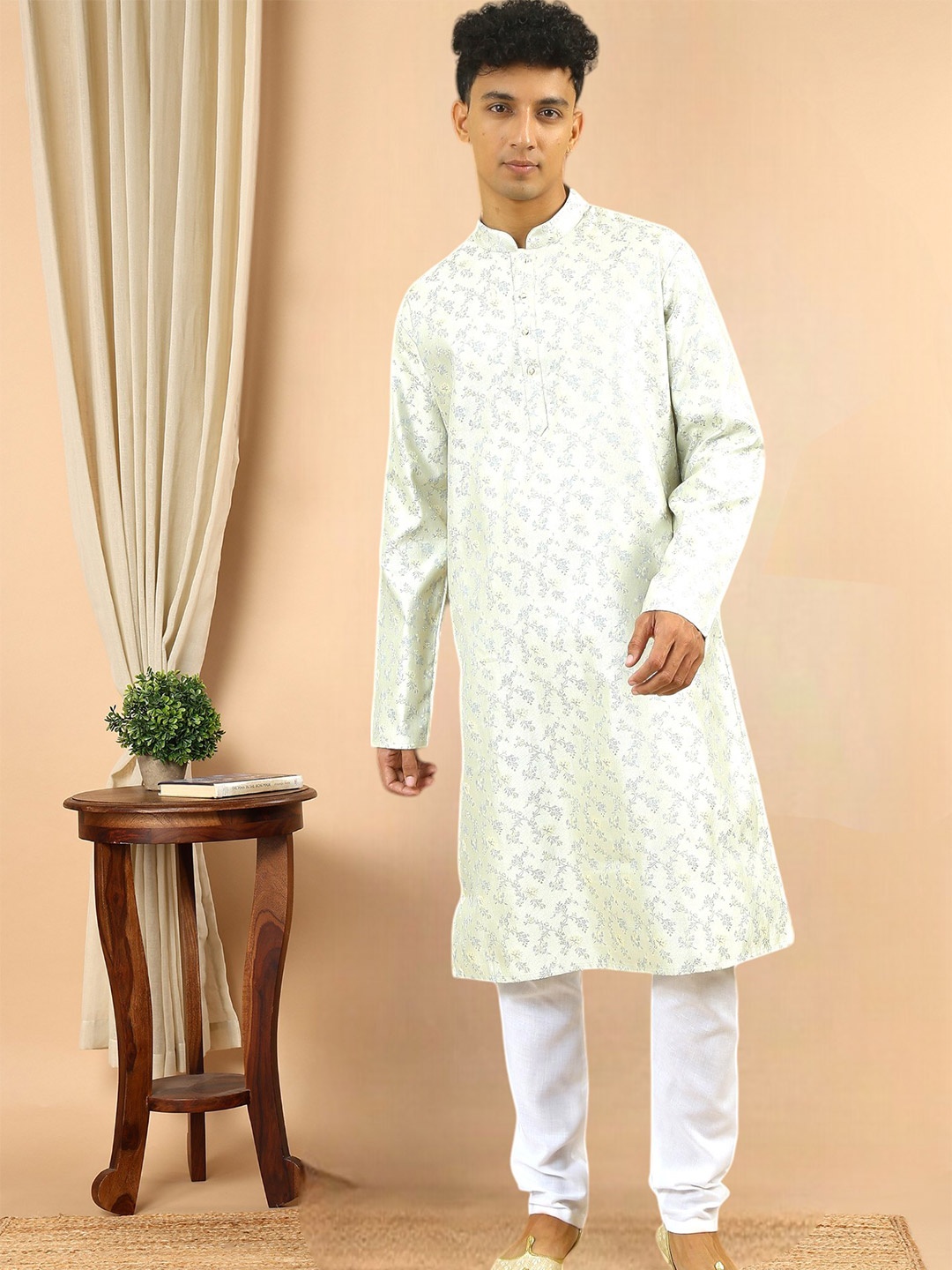 

TATTVA Floral Woven Design Mandarin Collar Regular Kurta with Pyjamas, Cream