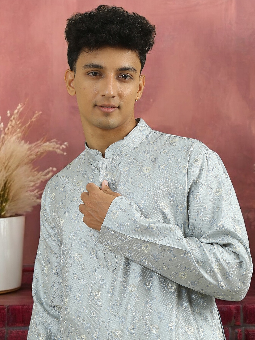 

TATTVA Floral Woven Design Mandarin Collar Regular Kurta with Pyjamas, Blue