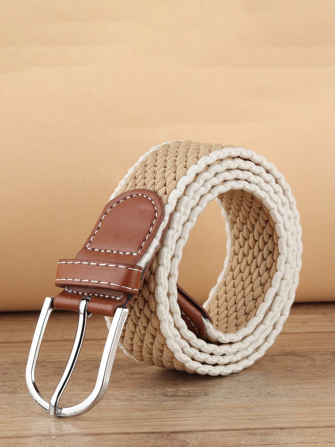 

Mast & Harbour Men Braided Stretchable Casual Belt, Beige