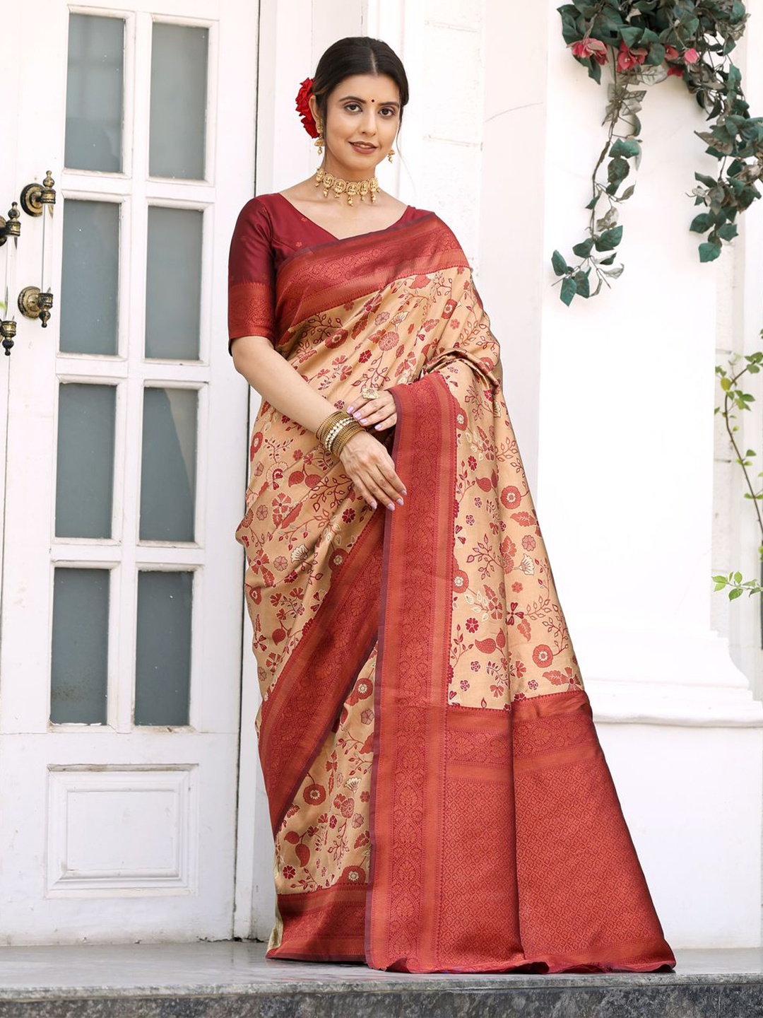 

COSBILA FASHION Ethnic Motifs Zari Woven Banarasi Saree, Beige