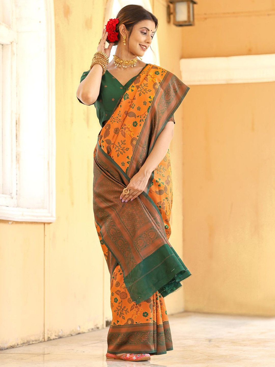 

COSBILA FASHION Woven Design Zari Banarasi Saree, Orange