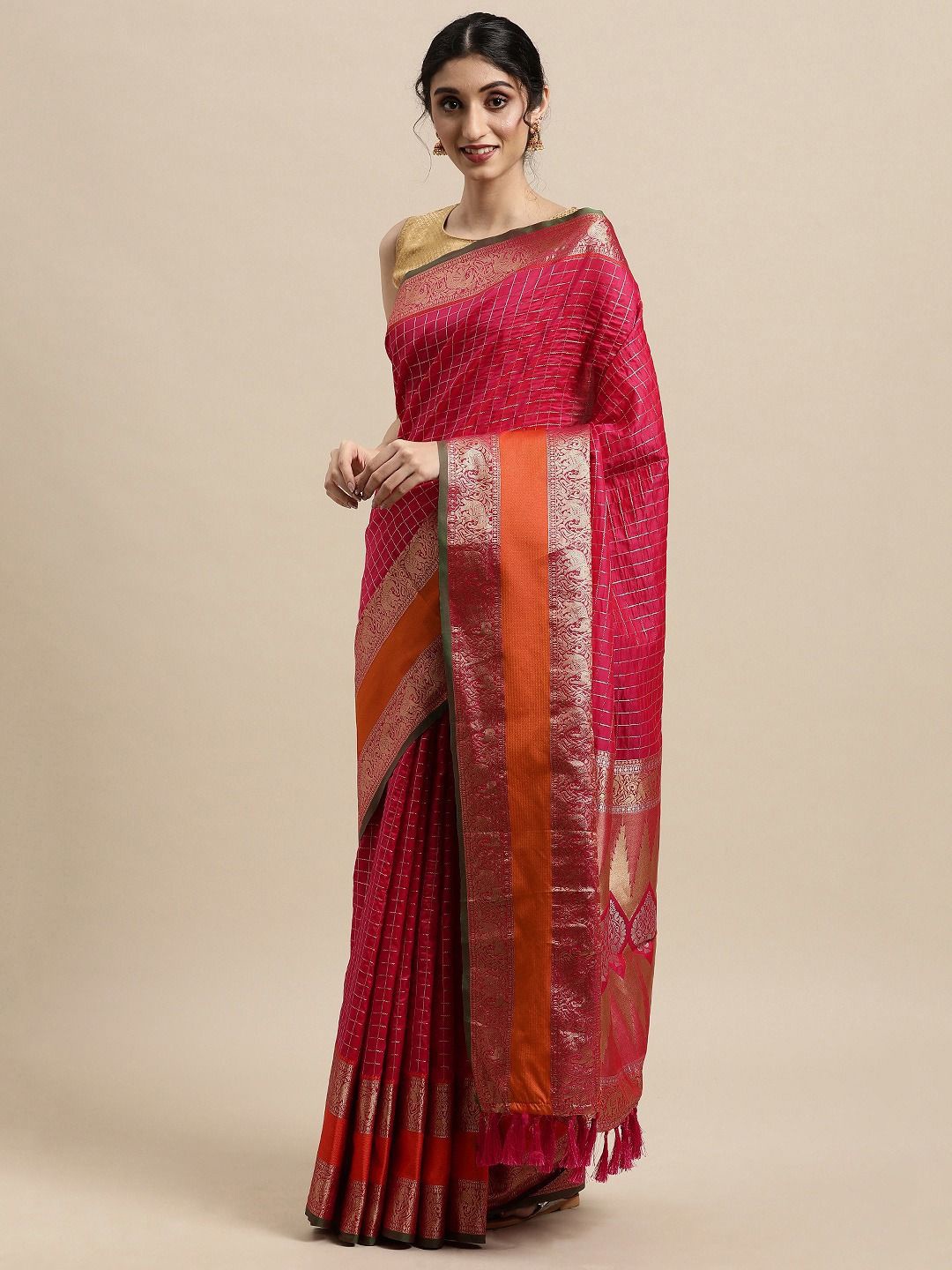 

VASTRANAND Checked Zari Woven Banarasi Saree, Pink