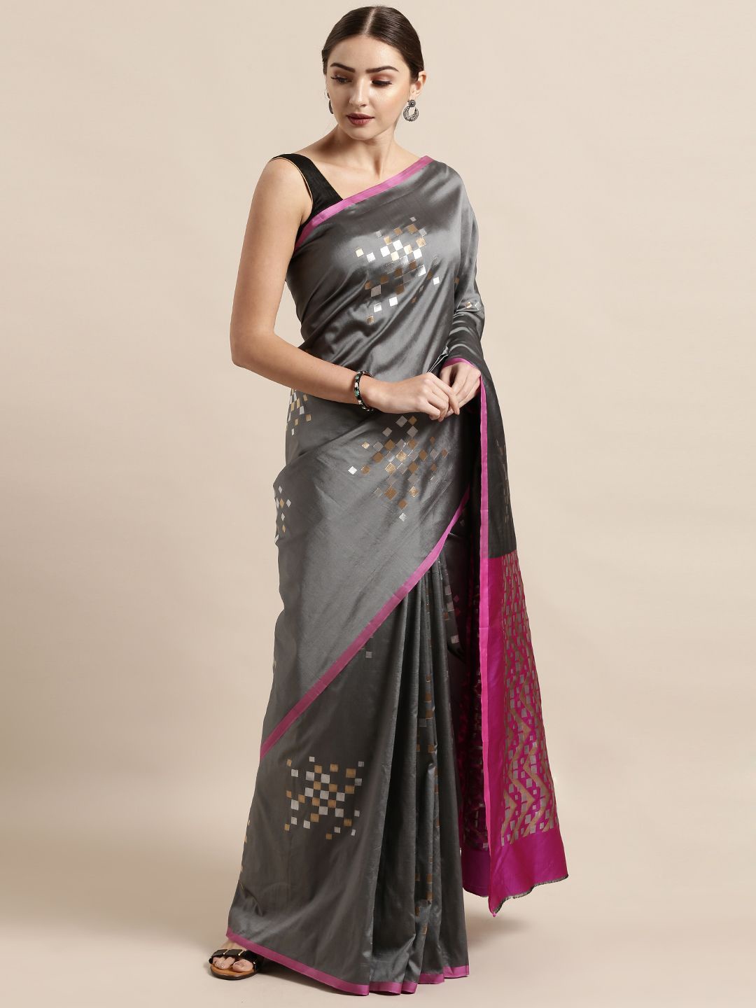 

VASTRANAND Geometric Zari Woven Banarasi Saree, Grey