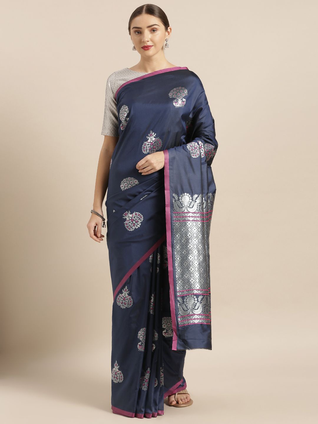 

VASTRANAND Ethnic Motif Zari Woven Banarasi Saree, Navy blue