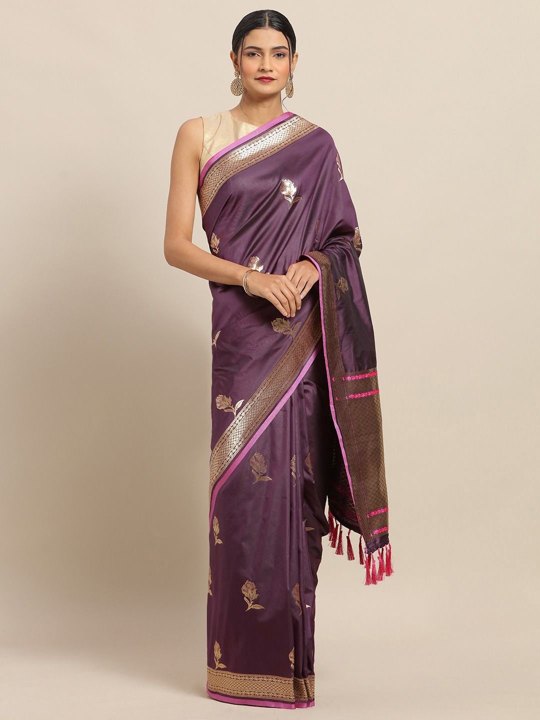 

VASTRANAND Ethnic Motif Zari Woven Banarasi Saree, Burgundy