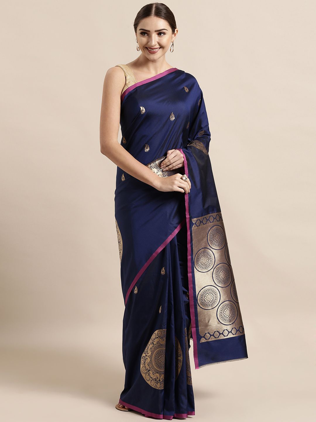 

VASTRANAND Ethnic Motif Zari Woven Banarasi Saree, Navy blue