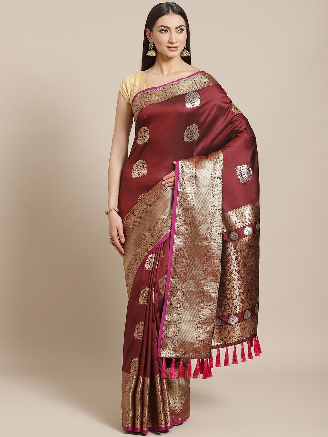 

VASTRANAND Ethnic Motifs Zari Banarasi Saree, Maroon