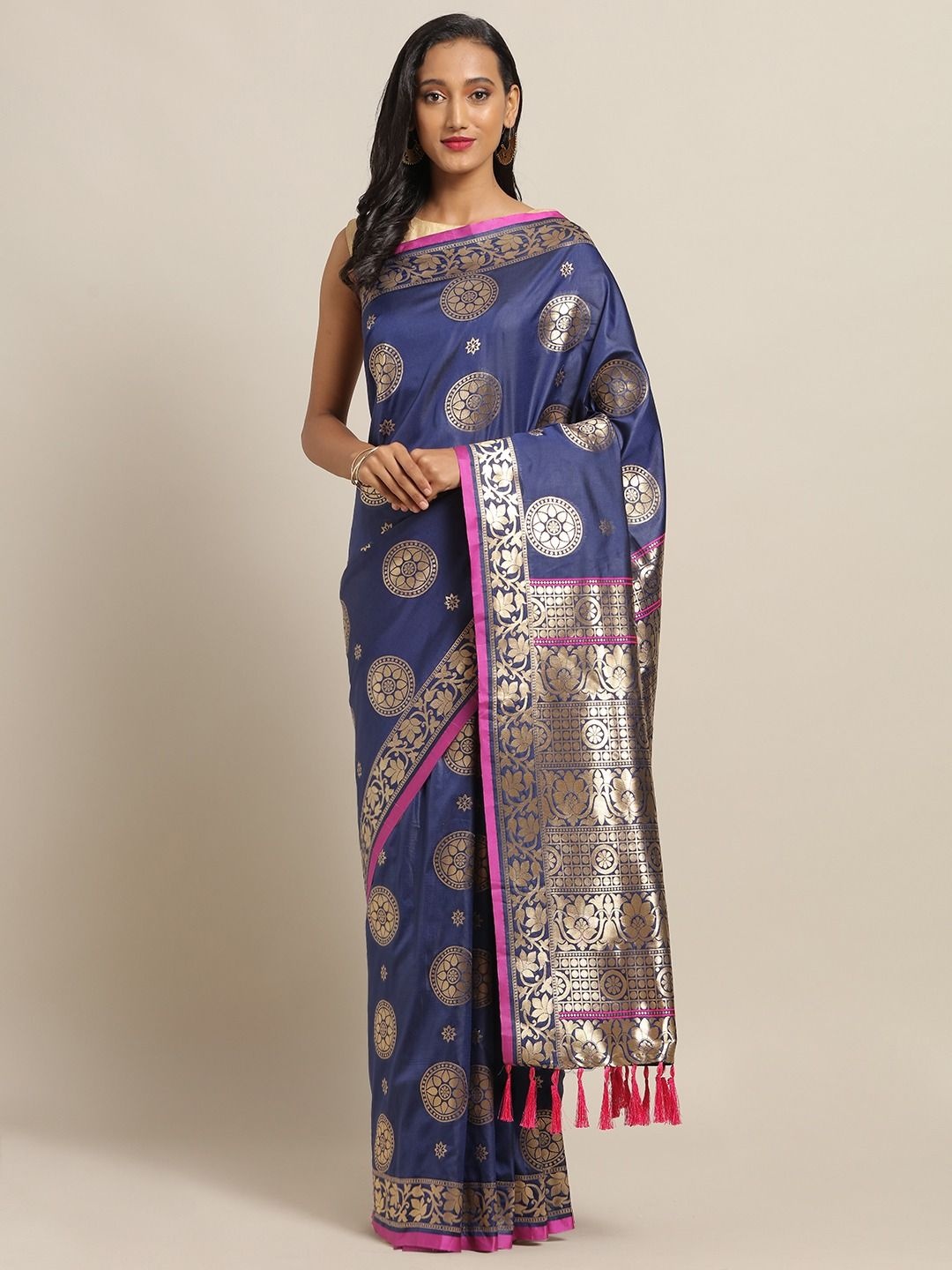 

VASTRANAND Ethnic Motifs Zari Woven Banarasi Saree, Navy blue