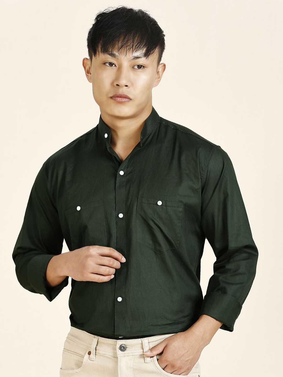 

TRYBUY.IN Men Standard Mandarin Collar Solid Cotton Casual Shirt, Green