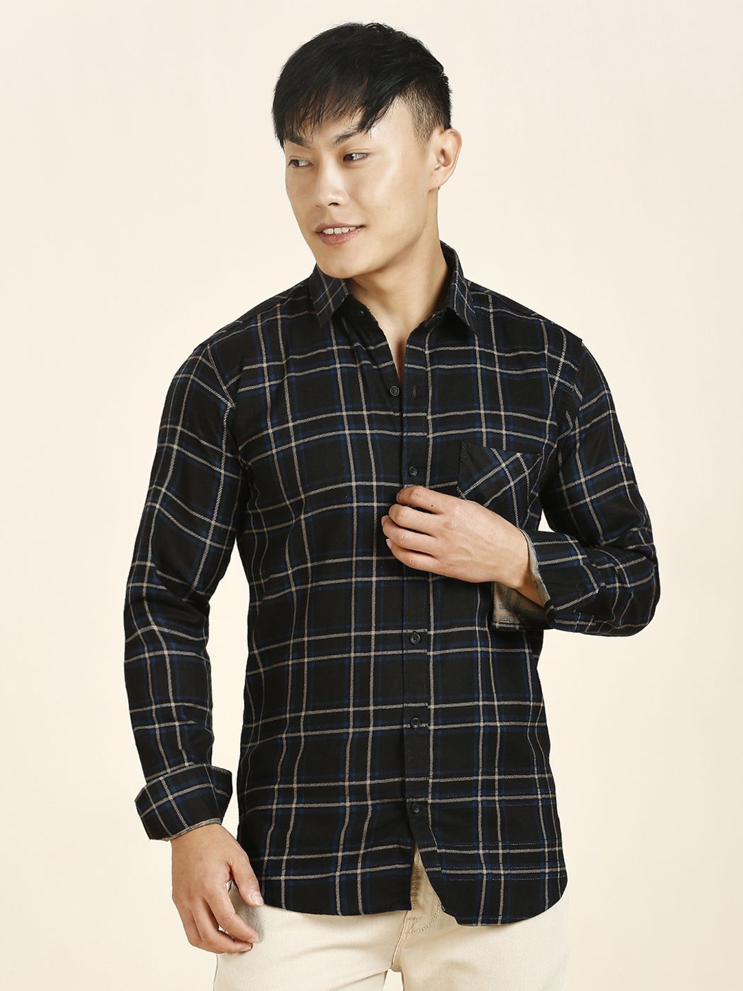 

TRYBUY.IN Men Standard Windowpane Checks Opaque Cotton Casual Shirt, Black