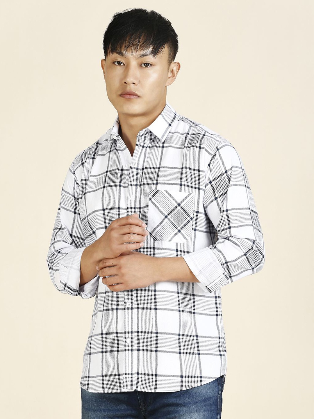 

TRYBUY.IN Men Standard Windowpane Checks Opaque Cotton Casual Shirt, White