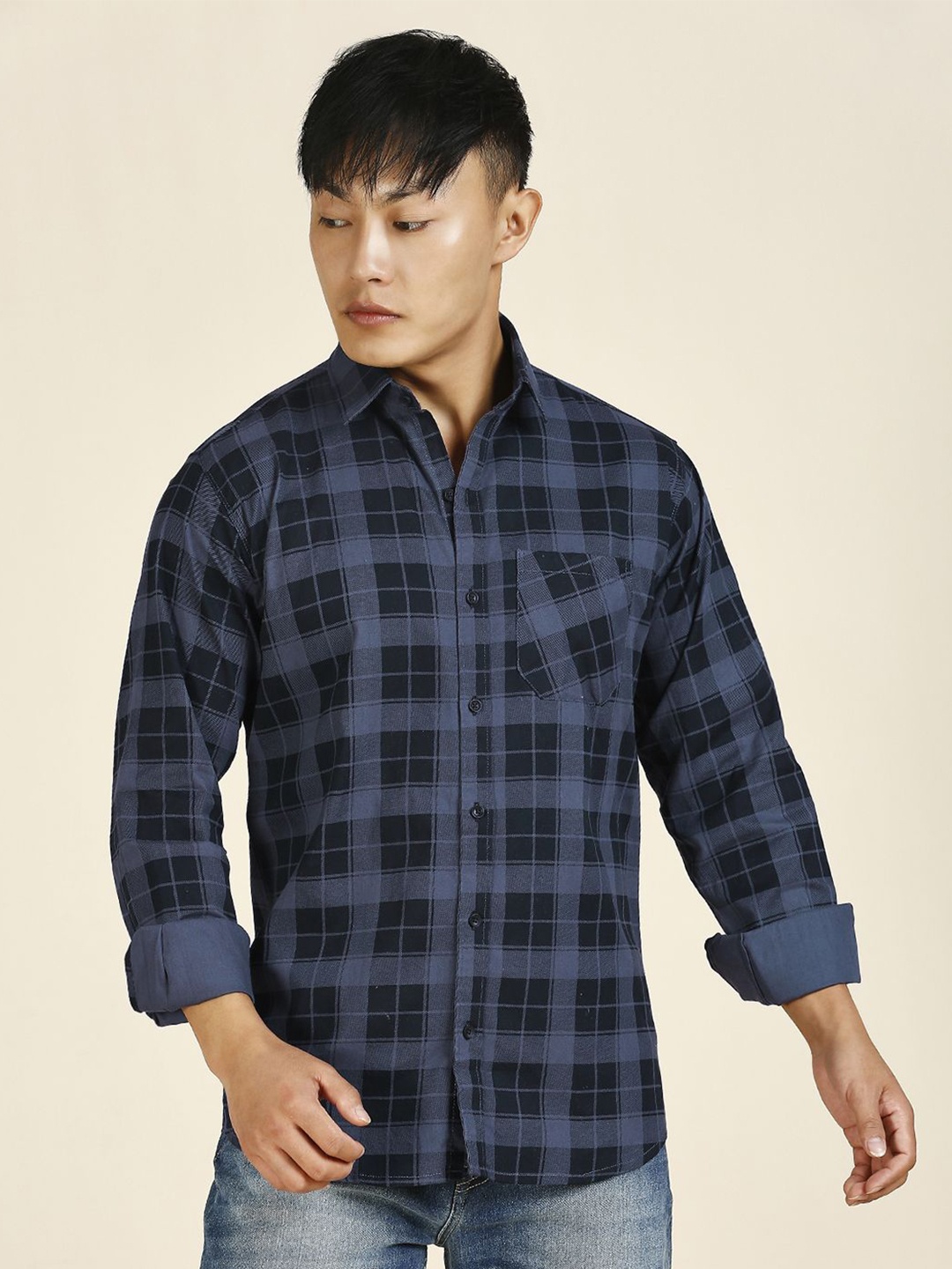 

TRYBUY.IN Men Standard Tartan Checked Cotton Casual Shirt, Black