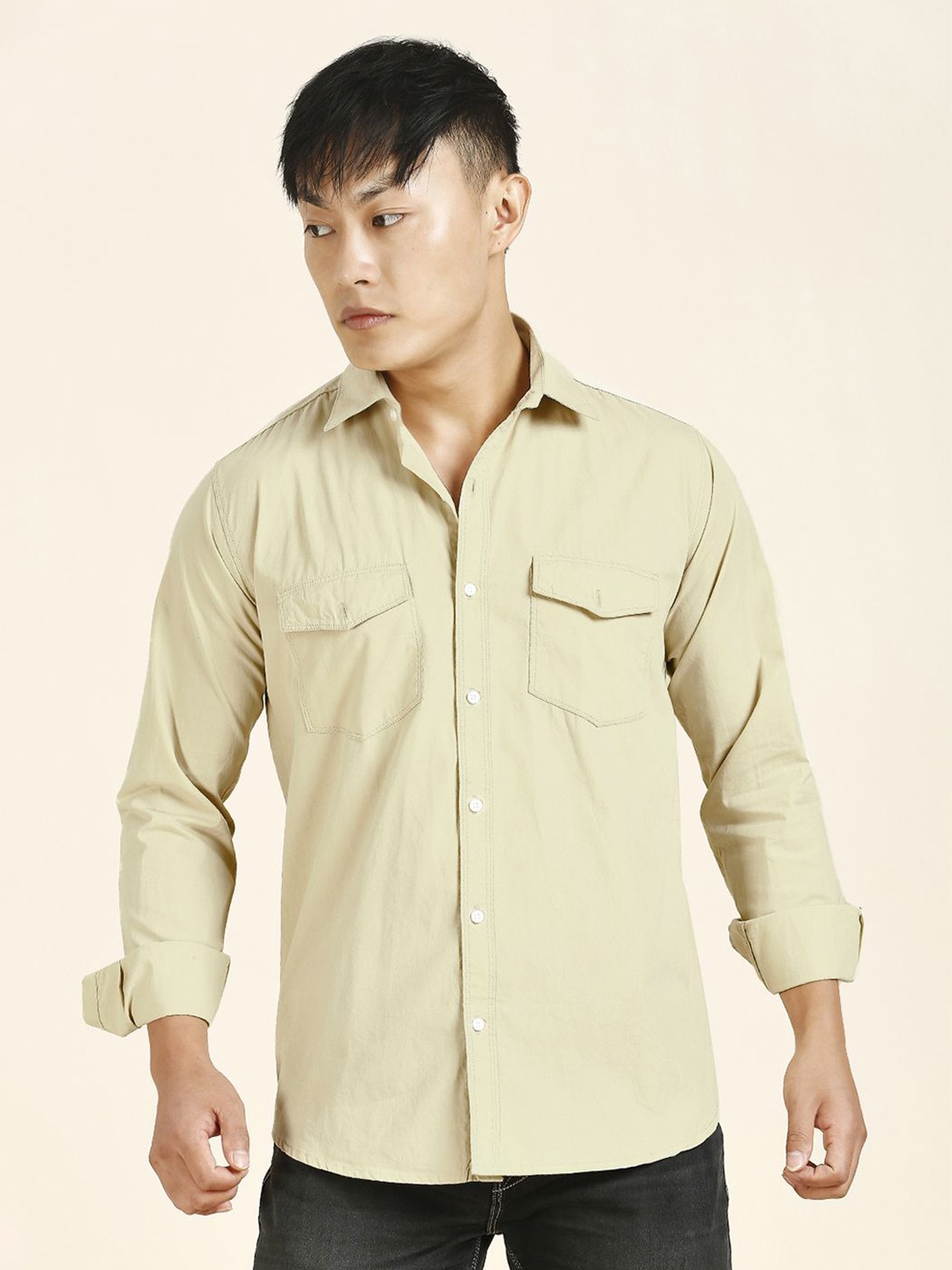 

TRYBUY.IN Men Standard Spread Collar Solid Cotton Casual Shirt, Cream