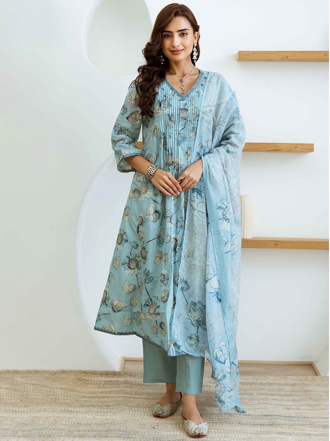 

KALINI Floral Printed Sequinned Pure Cotton A-Line Kurta With Trousers & Dupatta, Turquoise blue