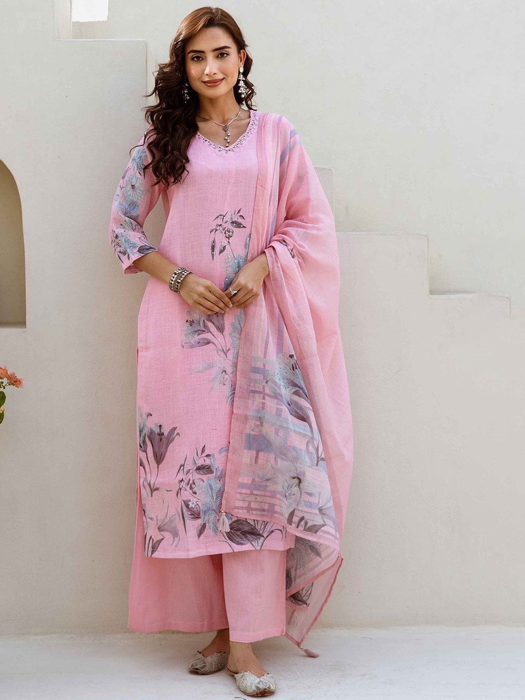 

KALINI Floral Printed Mirror Work Linen Straight Kurta With Palazzos & Dupatta, Pink